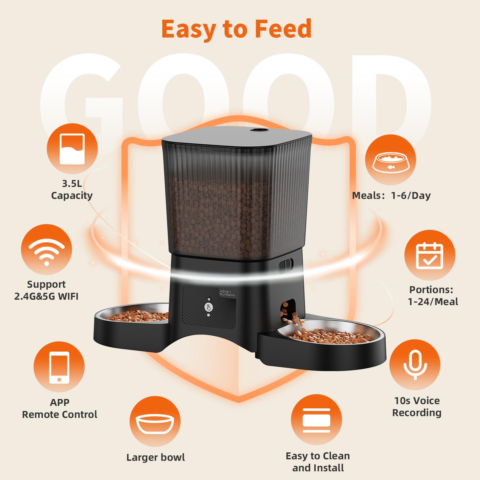 HoneyGuaridan Automatic Cat Feeder for 2 Cats,2.4G/5G WiFi APP Control