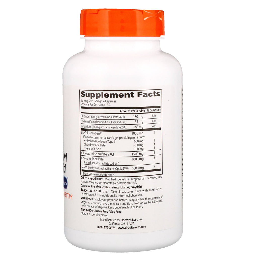 Doctor's Best Glucosamine Chondroitin MSM + Hyaluronic Acid with OptiMSM Featuring Biocell Collagen, Joint Support, Non-GMO, Gluten & Soy Free, 150 Caps