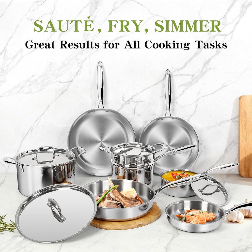 Triple Ply Stainless Steel Pots and Pans Set, EWFEN 12 Piece Induction Cookware Set, Oven Dishwasher Safe | Frying Pans, Saucepans, Saute Pan & Stock Pot, PFOA Free Kitchen Skillet