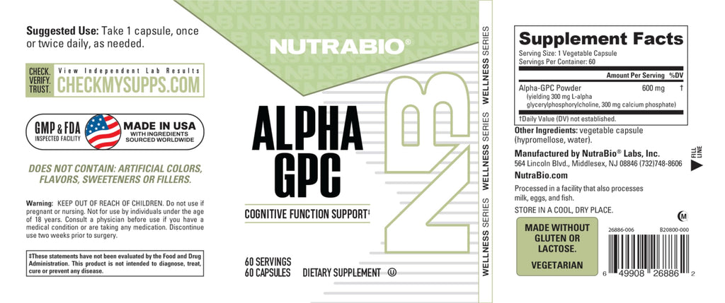 NutraBio Alpha GPC, Brain Support & Improved Memory Function, 300mg - 60 Vegetable Capsules