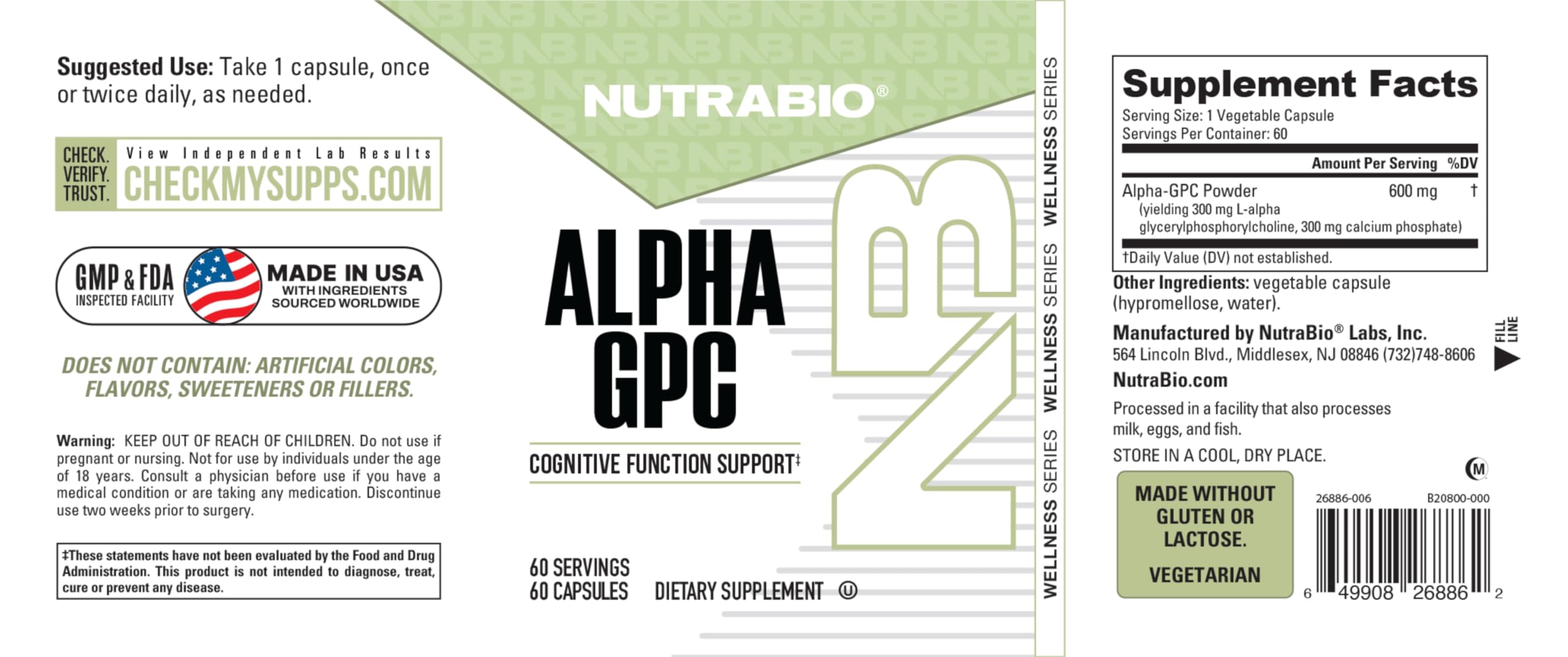 NutraBio Alpha GPC, Brain Support & Improved Memory Function, 300mg - 60 Vegetable Capsules