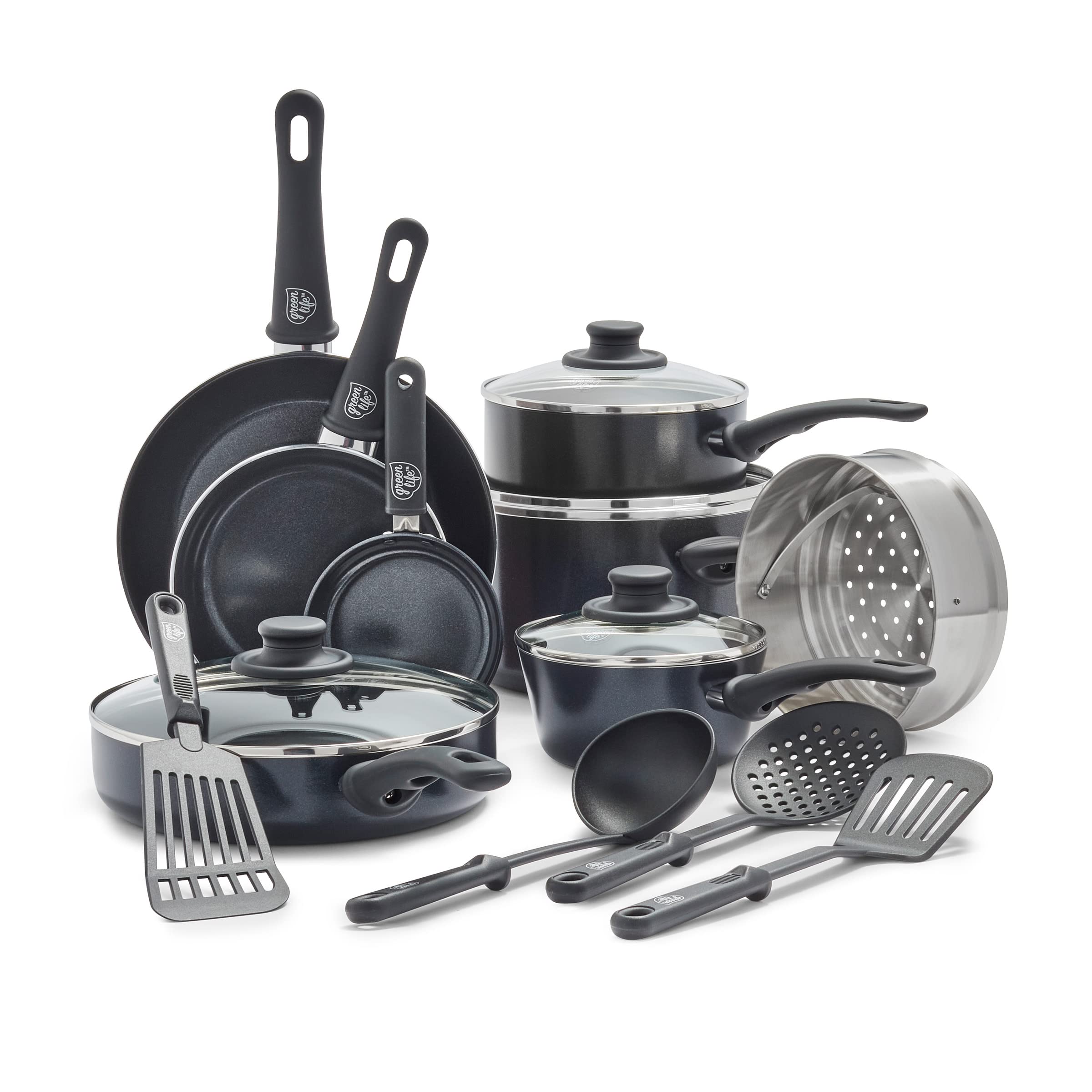 GreenLife 16 Piece Ceramic Nonstick Pots & Pans Cookware Set, Black
