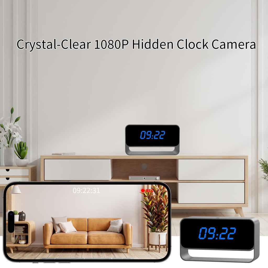 HiSpyCam Mini Wireless Security Camera with Clock Display - Full HD 1080P - WiFi Nanny Cam for Home Use - Strong Night Vision - Cloud/Local Storage