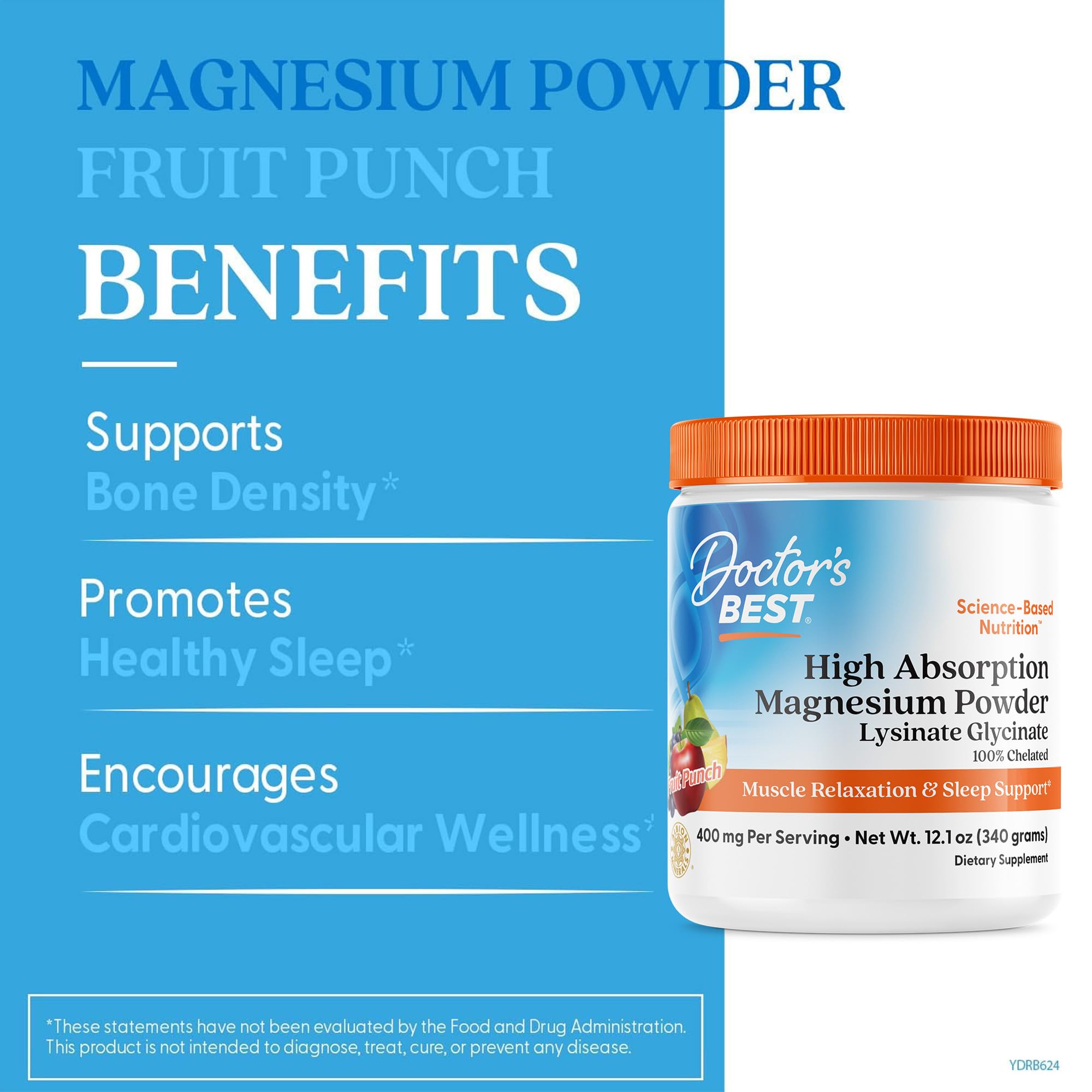 Doctor's Best Magnesium Glycinate Powder for Calm & Sleep Support - Magnesium Supplement for Men & Women, 400 mg Per Serving, 100% Chelated, High Absorption, Fruit Punch Flavor, Gluten Free - 12.1 oz