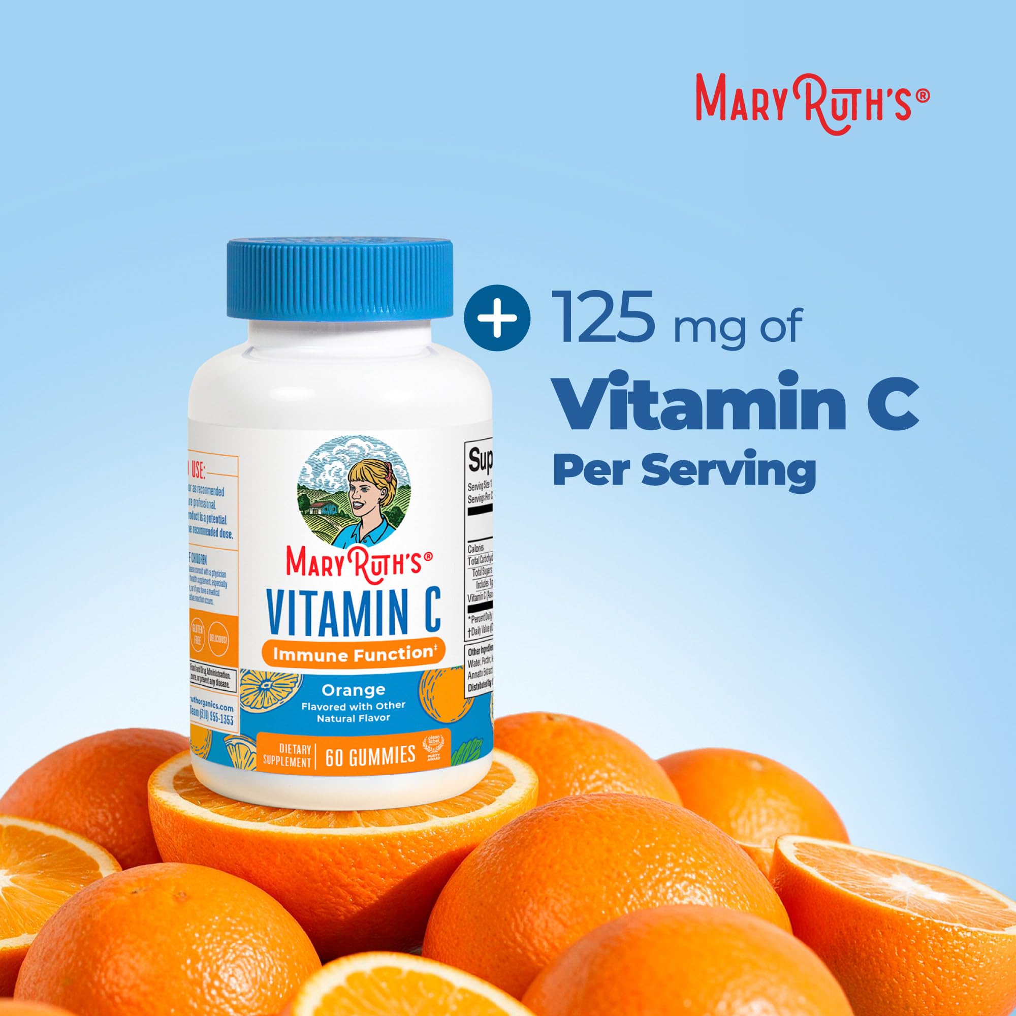 MARYRUTH'S Vitamin C Gummies for Adults&Kids, Orange, 60 ct, 2-Month Supply