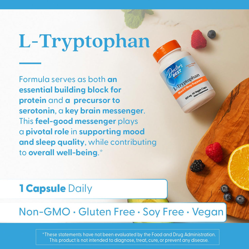 Doctor's Best L Tryptophan Supplement for Men & Women - L-Tryptophan Caps 500mg, Sleep & Calm Support, Promotes Relaxation, Non GMO, Gluten Free, Soy Free, Vegan - 90 Veg Capsules