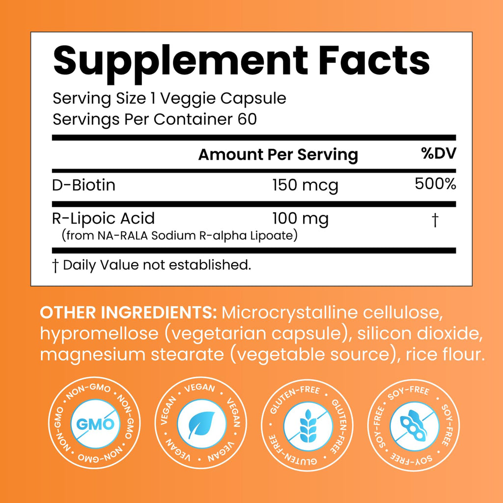 Doctor's BEST Stabilized R-Lipoic Acid Supplement 100 mg - R-Alpha Lipoic Acid Capsules for Men & Women, Formula with D-Biotin, Antioxidant & Metabolic Response Support, Vegan - 60 Veg Caps
