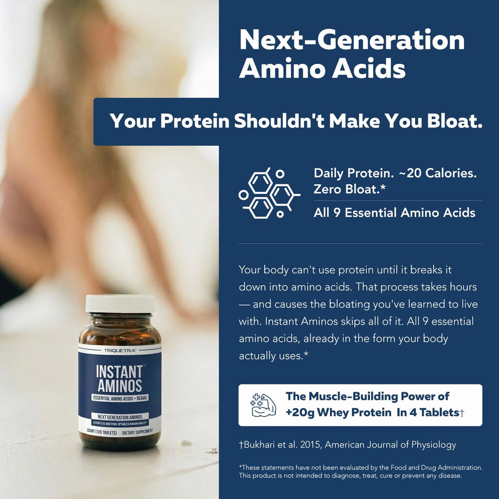 Instant Aminos Tablets - EAA+BCAA - 9 Essential Amino Acids Supplement - Rapid Absorption, No Digestion Required - Supports Lean Muscle, Recovery & Aging - 321% DIAAS Protein Score (1 month supply)