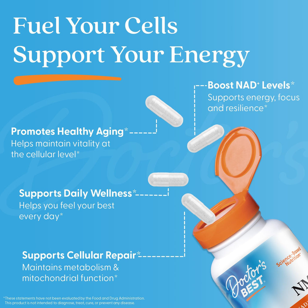 Doctor's Best NMN Supplement for Women & Men - Supports NAD+ Production & Cellular Energy, Beta Nicotinamide Mononucleotide, 200 mg per Capsule, Vegan, Non GMO - 60 Veg Caps