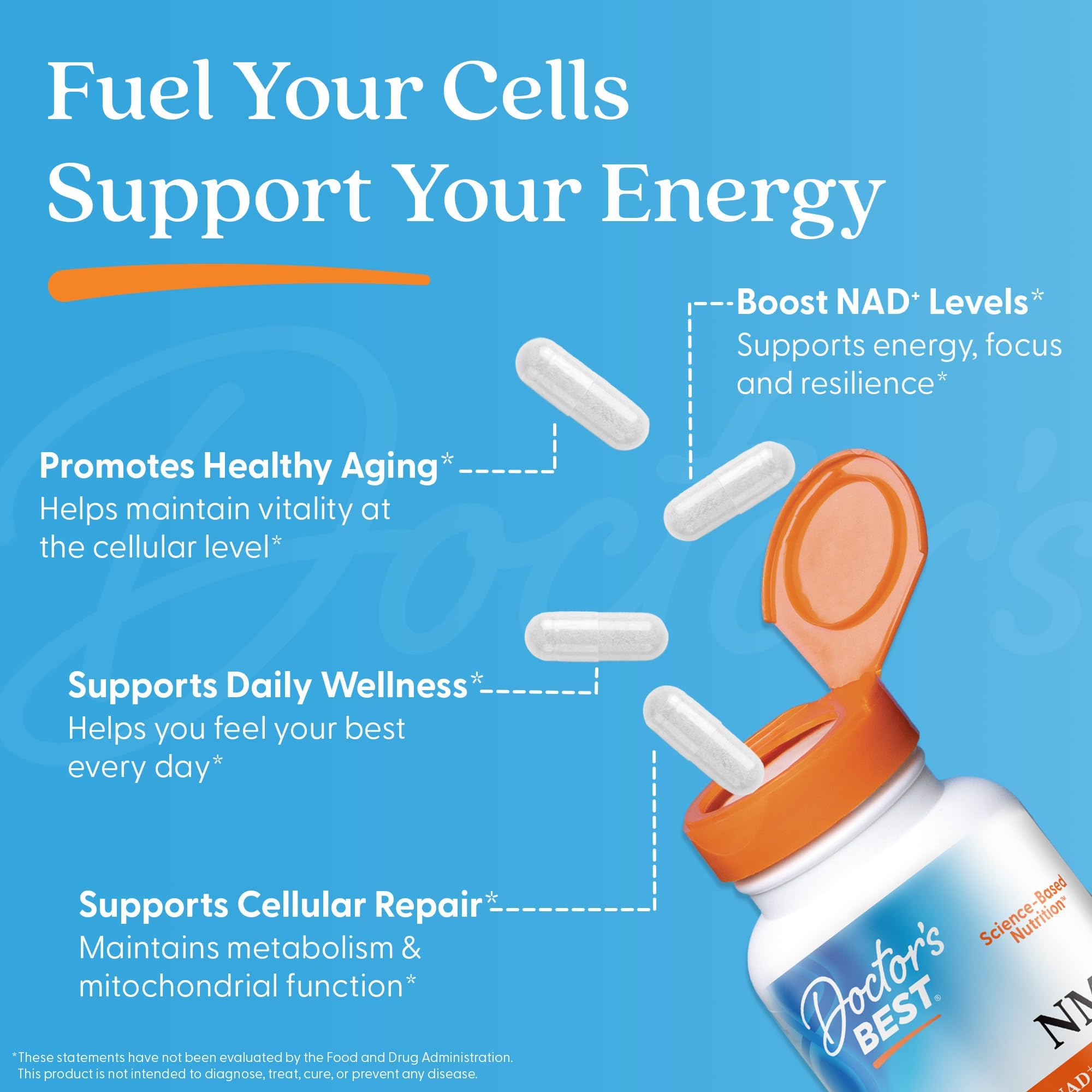 Doctor's Best NMN Supplement for Women & Men - Supports NAD+ Production & Cellular Energy, Beta Nicotinamide Mononucleotide, 200 mg per Capsule, Vegan, Non GMO - 60 Veg Caps