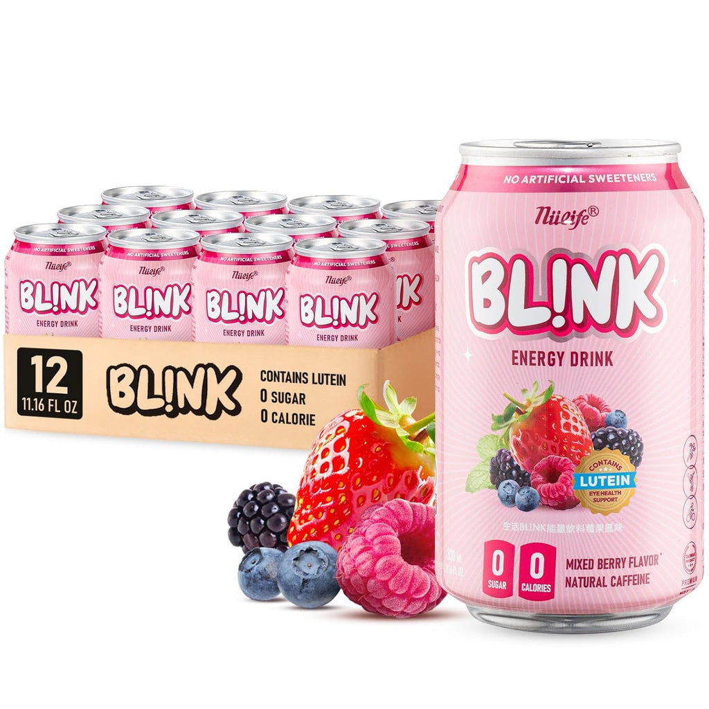 NÜLIFE Sugar Free Energy Drink Mixed Berry, Pack of 12, 96mg Natural Caffeine, Lutein for Eye Support Drinks, Vitamin Enriched, BL!NK Healthy Clean Energy, No Artificial Sweetener, 11.16 Fl Oz