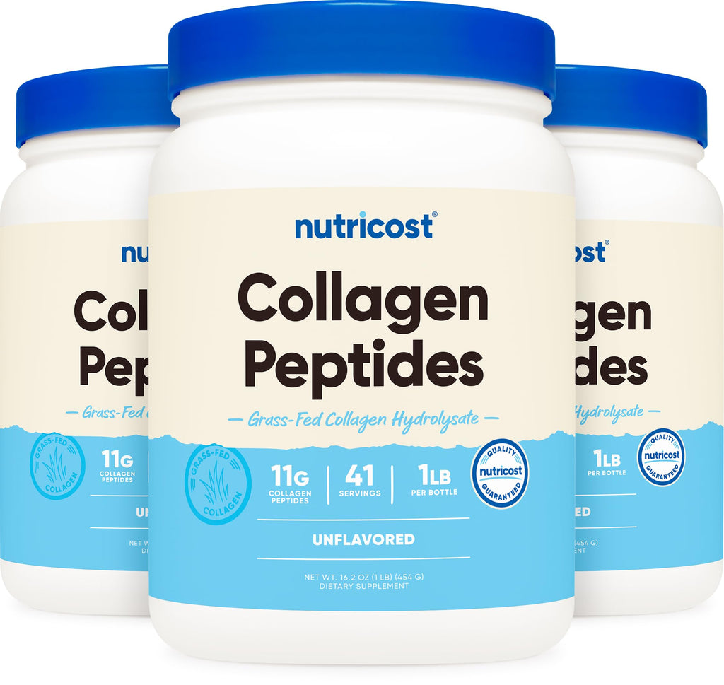 Nutricost Pure Collagen Hydrolysate (Bovine) Powder (3 Pack) - Grass Fed Bovine Collagen, 1LB Each