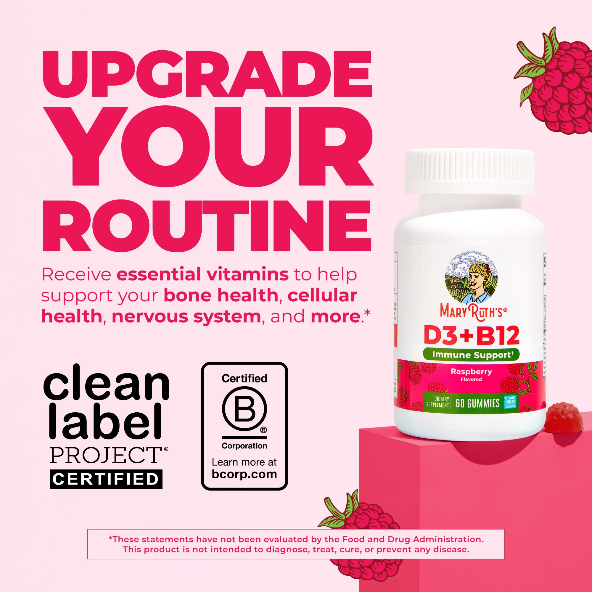 MARYRUTH'S Vitamin D3 + B12 Gummies for Ages 4+, Sugar Free, 60 Servings