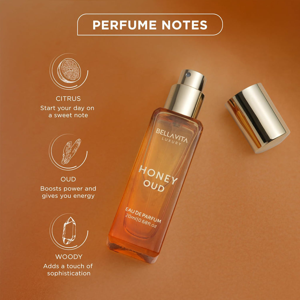 Bellavita Luxury Honey oud Eau de Parfum | 20 ml (0.7 fl.oz.) | Travel Size Perfume for Men and Women | Sweet Honey, Bergamot, Oud, and Amber Notes | Long Lasting Unisex Fragrance