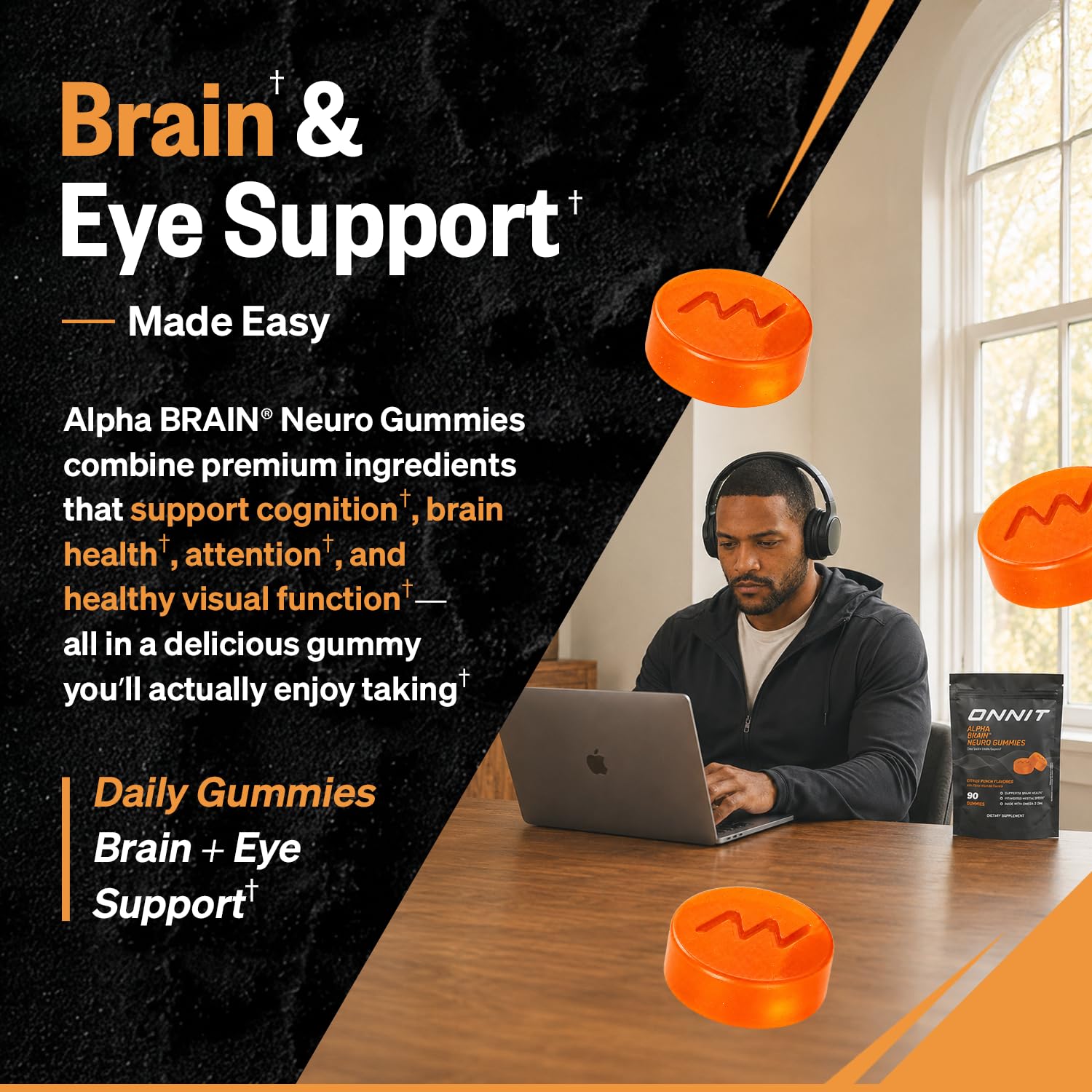 ONNIT Alpha Brain Neuro Focus Gummies, IGEN Non-GMO Tested Vegan Gummies with Omega-3s Lutein Zeaxanthin and Caffeine, Brain Eye and Focus Supplement for Men and Women, Citrus Punch, 90 Count
