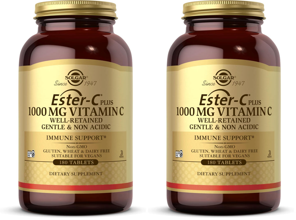 Solgar Ester-C Plus 1000 mg Vitamin C (Ascorbate Complex) - 180 Tablets - Gentle & Non Acidic - Supports Upper Respiratory Health - Non-GMO,Gluten-Free - 180 Servings, (Pack of 2)