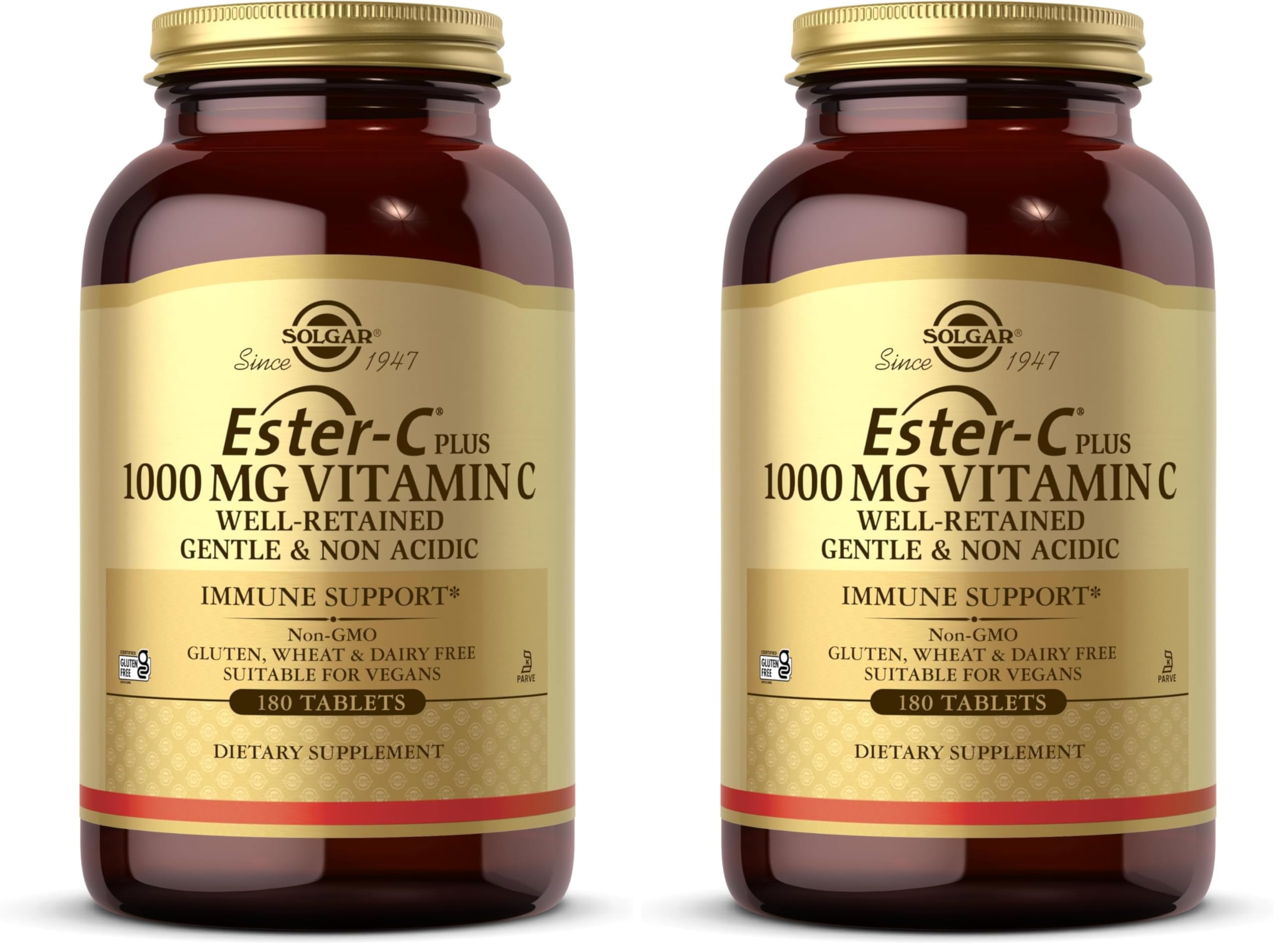 Solgar Ester-C Plus 1000 mg Vitamin C (Ascorbate Complex) - 180 Tablets - Gentle & Non Acidic - Supports Upper Respiratory Health - Non-GMO,Gluten-Free - 180 Servings, (Pack of 2)