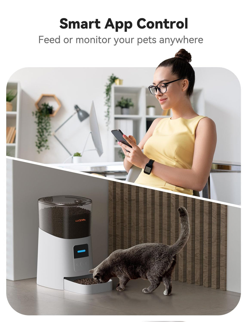 WOPET 6L Automatic Cat Feeder, WiFi Automatic Dog Feeder with APP Control for Remote Feeding, Cat Food Dispenser with Low Food Sensor and Voice Recorder, Up to 15 Meals Per Day