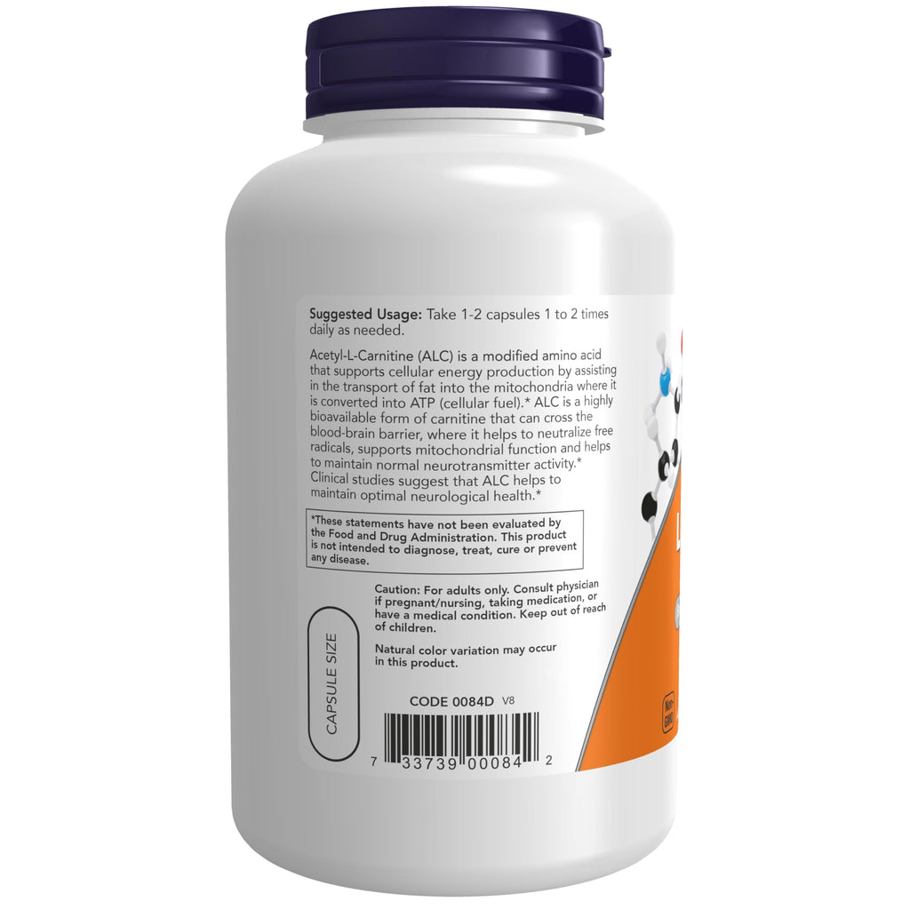 NOW Foods Supplements, Acetyl-L Carnitine 500 mg, Amino Acid, Brain And Nerve Cell Function*, 200 Veg Capsules