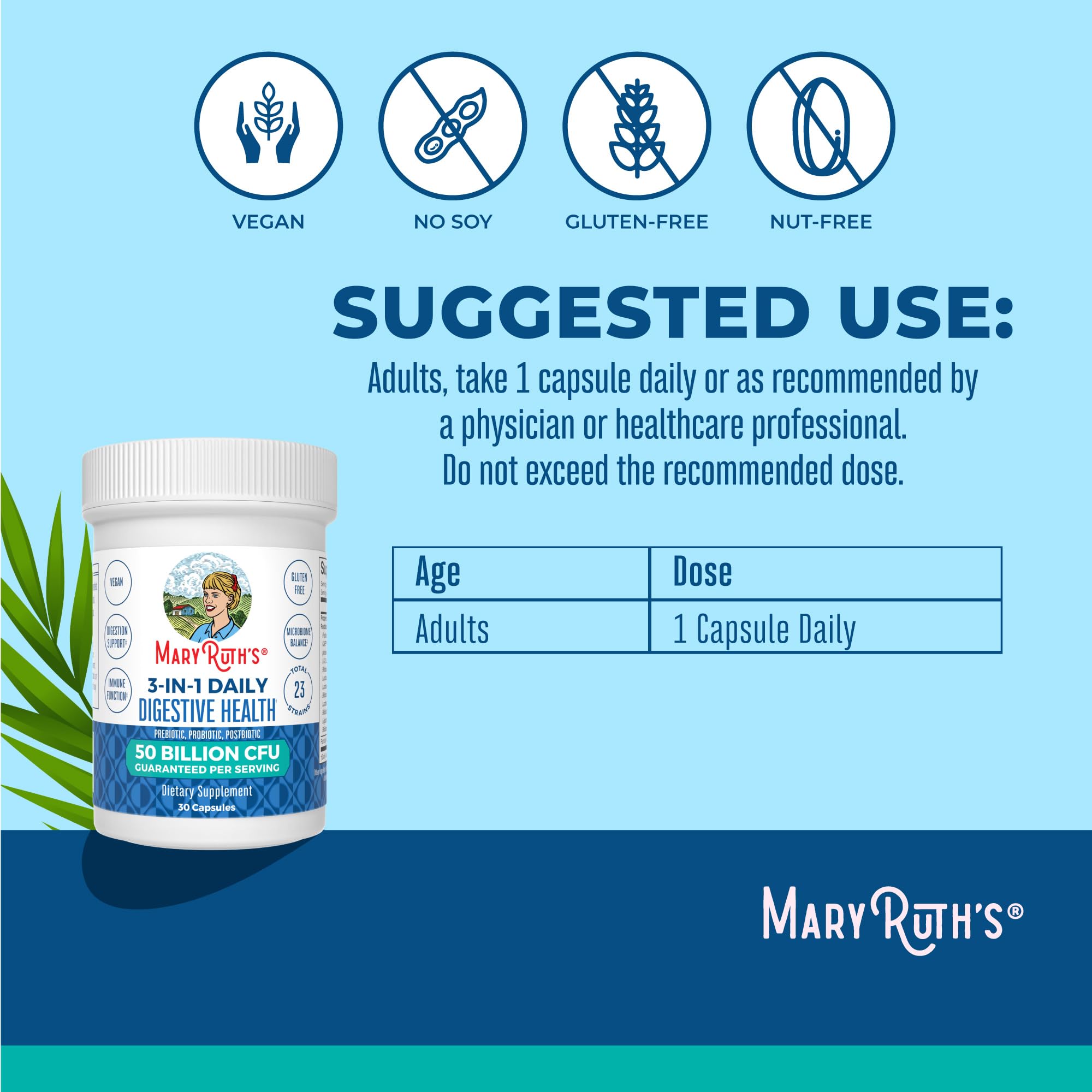 MARYRUTH'S 3-in-1 Probiotics for Digestive Health, 30 Servings