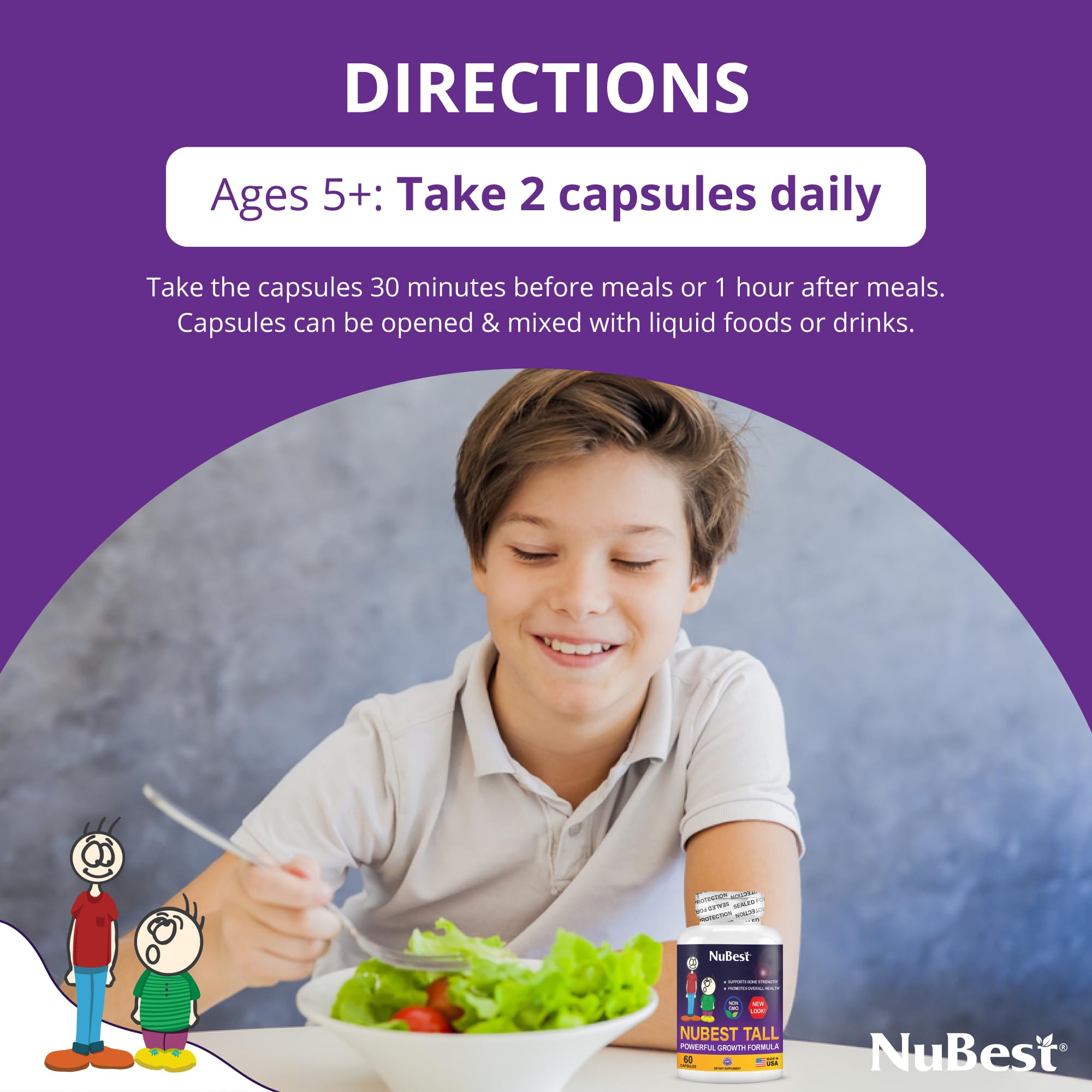 NuBest Tall | Support Bone Strength, Bone Health, Enhanced Immune and Whole Body Wellness with Calcium, Collagen, and Herbs for Ages 5+ & Teens | 60 Capsules | 1 Month Supply