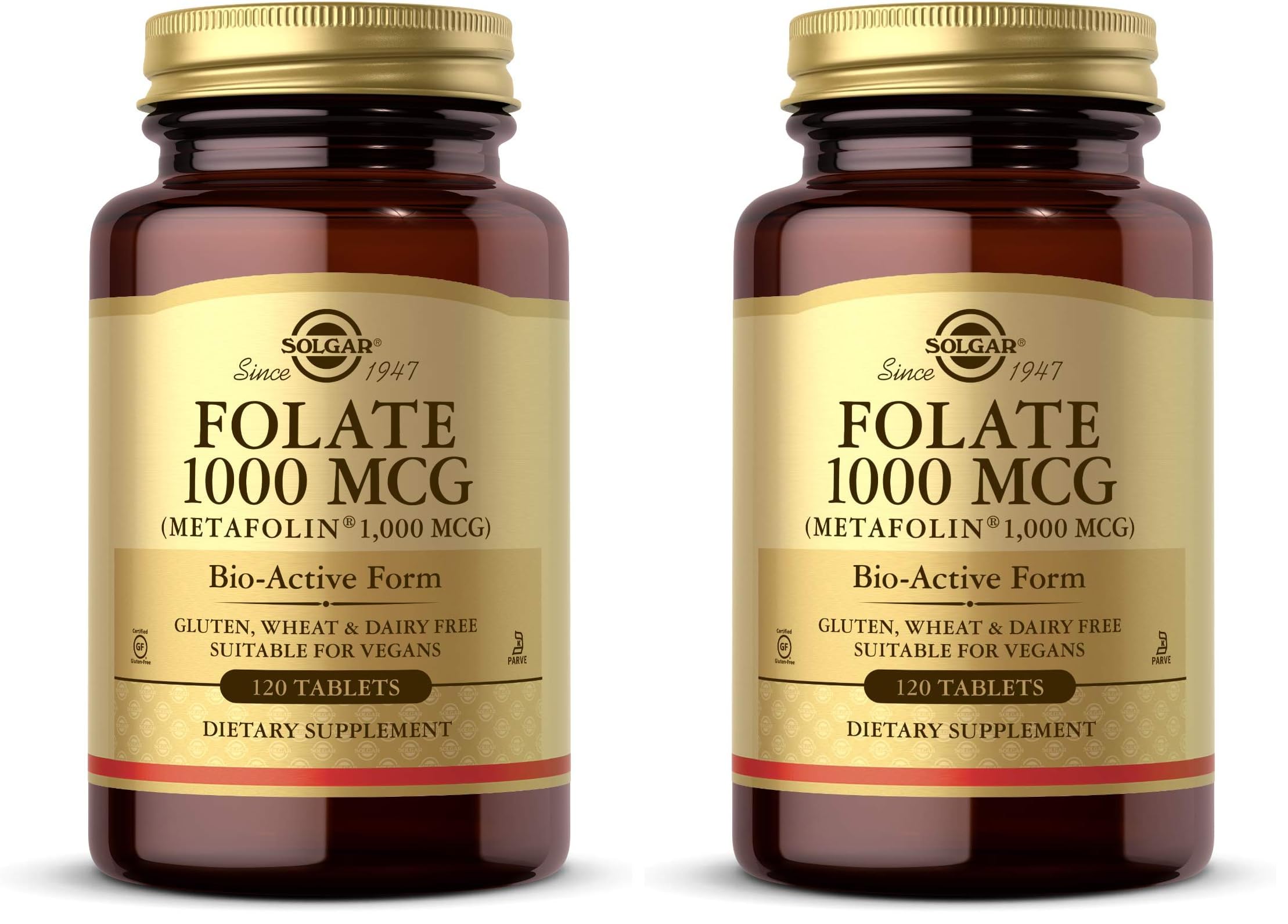 Solgar Folate 1000 mcg, 120 Tablets - 1000 mcg Bio-Active Metafolin - Vegan, Gluten Free, Dairy Free, Kosher - 120 Servings,(Pack of 2)