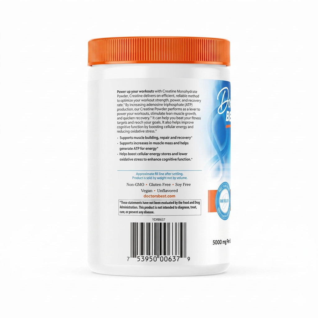 Doctor's BEST Creatine Monohydrate Powder for Women & Men - Pure Micronized Creatine, Pre Workout Powder Supplement, Muscle & Cognitive Support, 5g (5000mg) Per Serving, Vegan, Unflavored - 17.85 oz