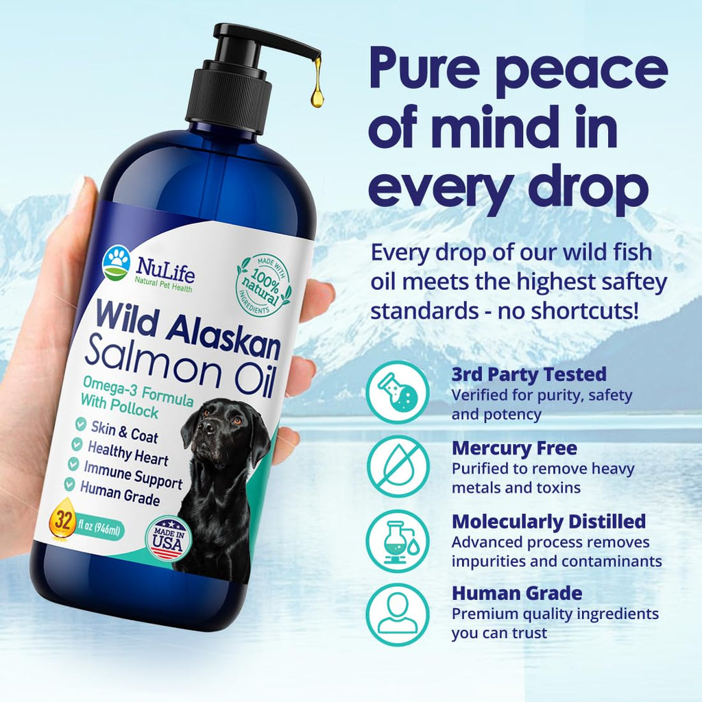 Pure Wild Alaskan Salmon Oil for Dogs - Omega 3 Formula - Dog Fish Oil Liquid - Skin and Coat Supplement for Shedding - Dry Itchy Skin and Allergies - EPA + DHA Fatty Acids - 32 oz Pump Bottle