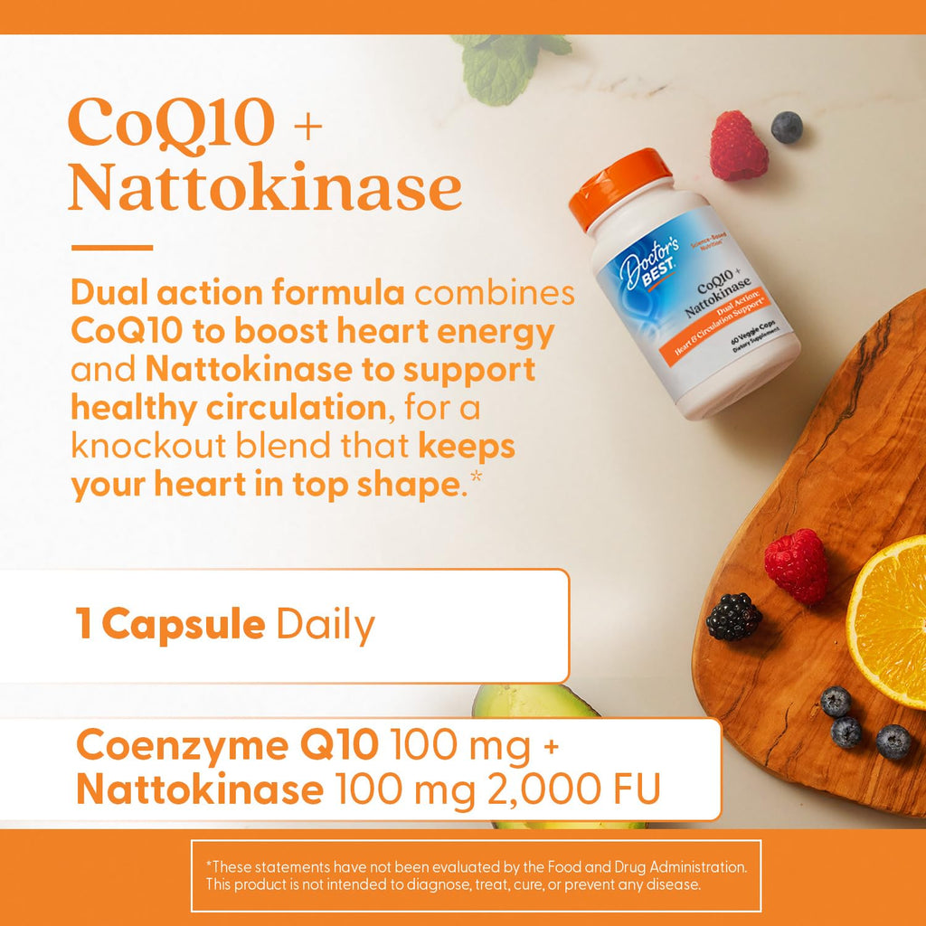 Doctor's Best CoQ10 100 mg + Nattokinase 2,000 FU Supplement - Coenzyme Q10 and Nattokinase Caps for Men & Women, Supports Heart Health & Circulation Support, Gluten Free, Vegan - 60 Veg Capsules