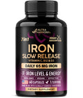 Iron Supplement for Women - Iron 65mg (Ferrous Sulfate 325mg) - Stomach Friendly | Slow Release | High Absorption - Vitamins C, D3, B6, B12 & Folate - Energy Support - 60 Capsules, 2 Month Supply