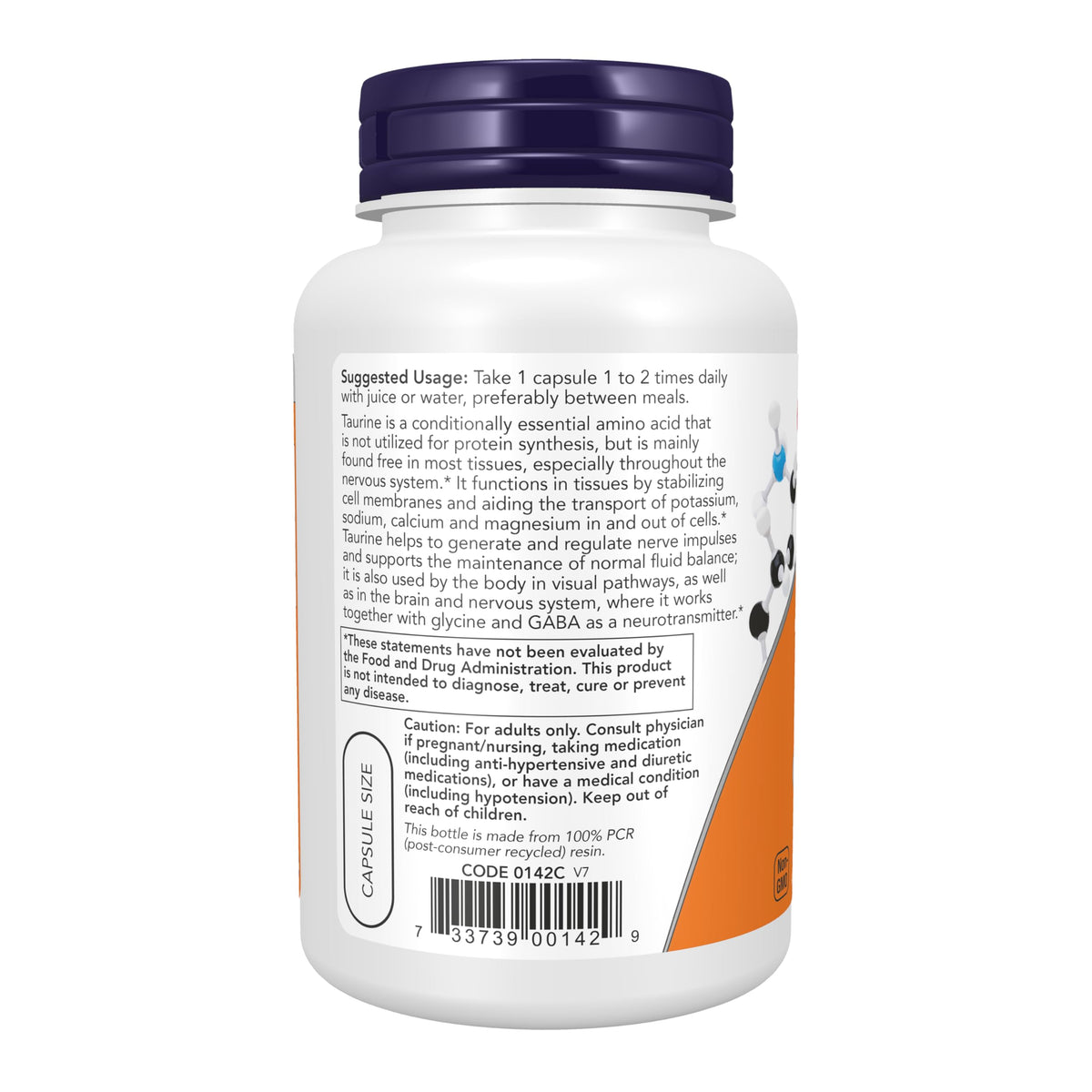 NOW Supplements, Taurine 1,000 mg, Double Strength, 100 Veg Capsules