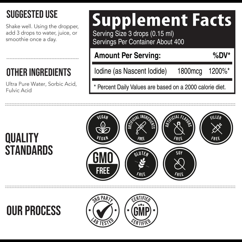 Nascent Iodine Supplement 400 Servings, Glass Bottle, Vegan, 1800 mcg - 600 mcg per Drop - Pure, Clear Color - Supports Thyroid Health, Energy, Immunity & Metabolism (2 oz.)