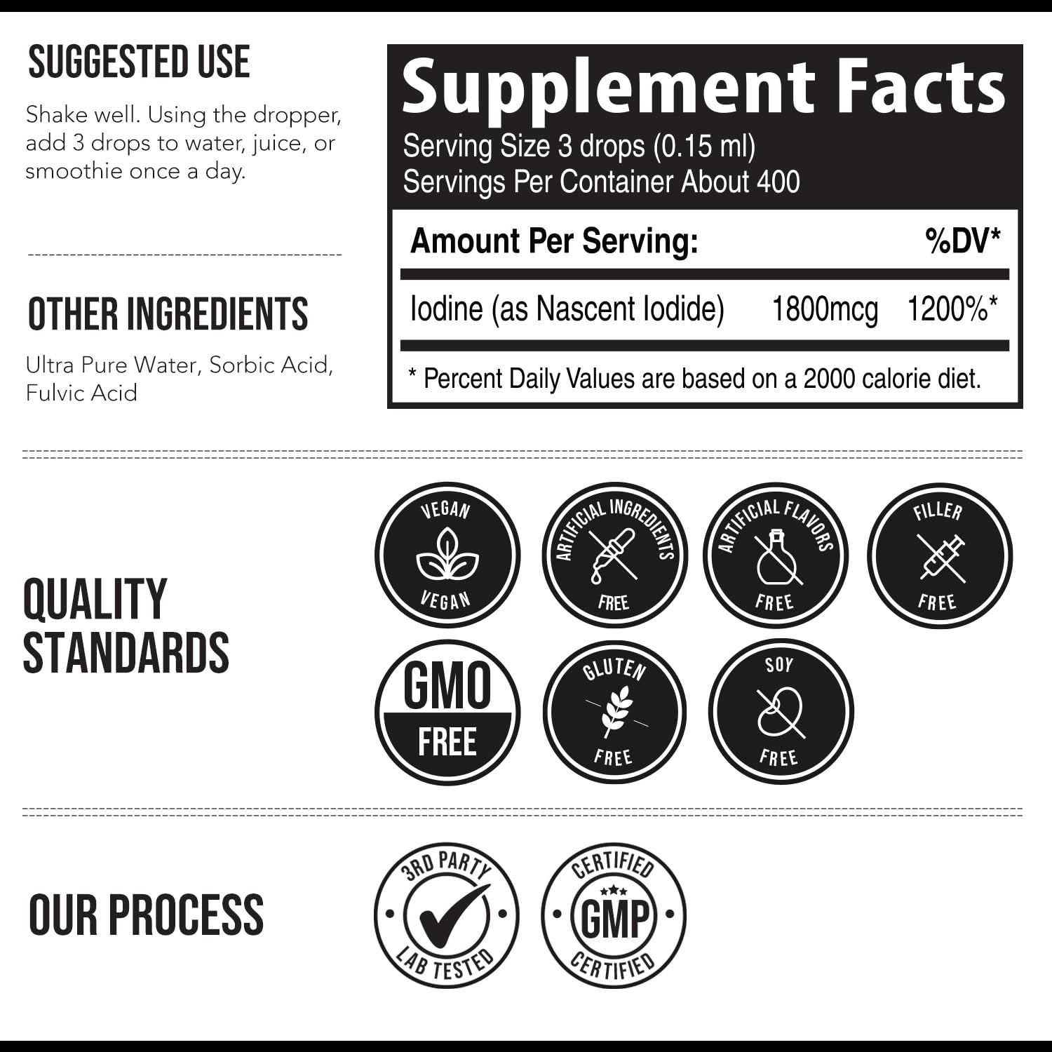 Nascent Iodine Supplement 400 Servings, Glass Bottle, Vegan, 1800 mcg - 600 mcg per Drop - Pure, Clear Color - Supports Thyroid Health, Energy, Immunity & Metabolism (2 oz.)