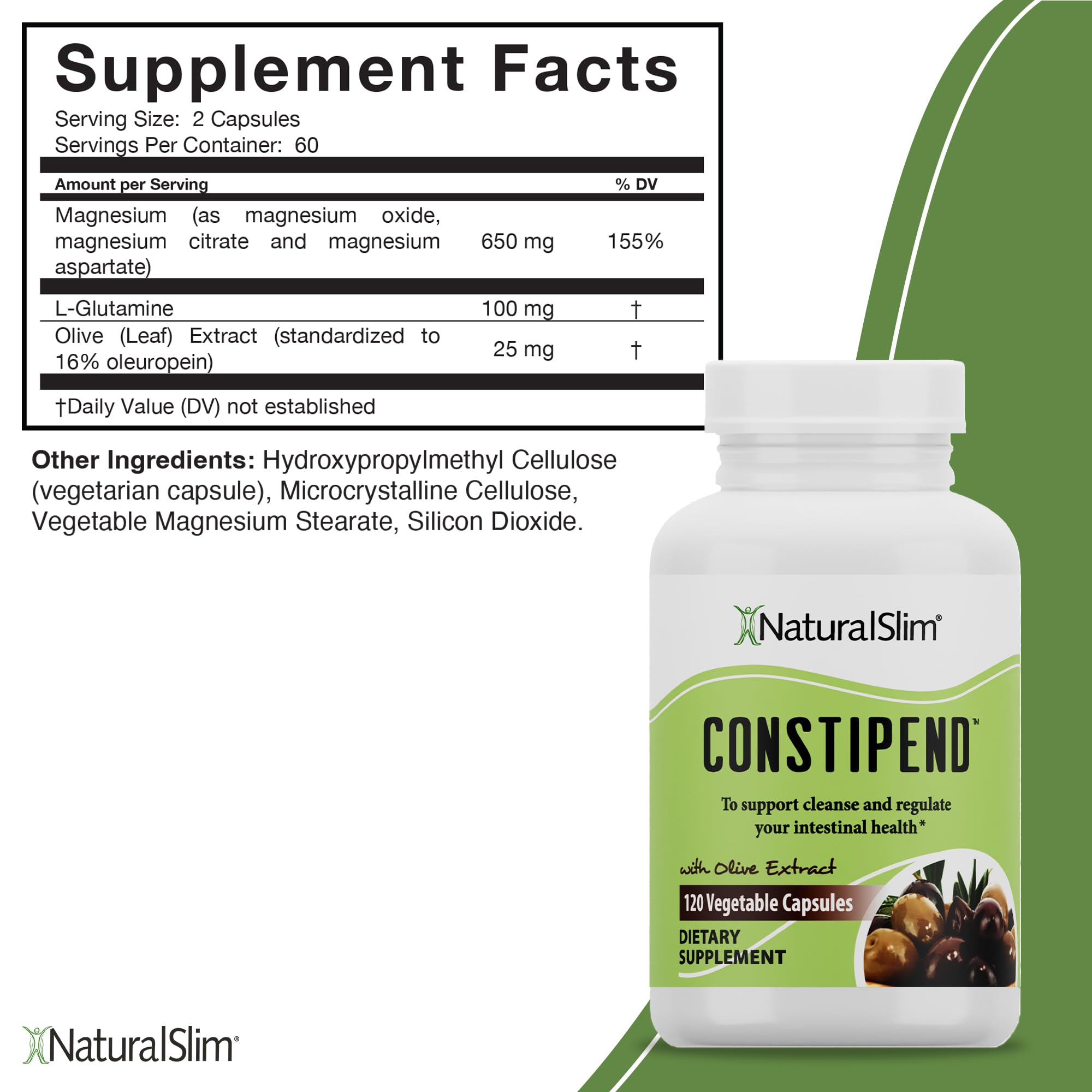 NaturalSlim Constipend Magnesium Oxide for Constipation Relief, Colon Cleanser & Stool Softener for Women & Men with Magnesium Citrate, Aspartate & Olive Extract, 120 Vegetable Capsules – 1 Pack