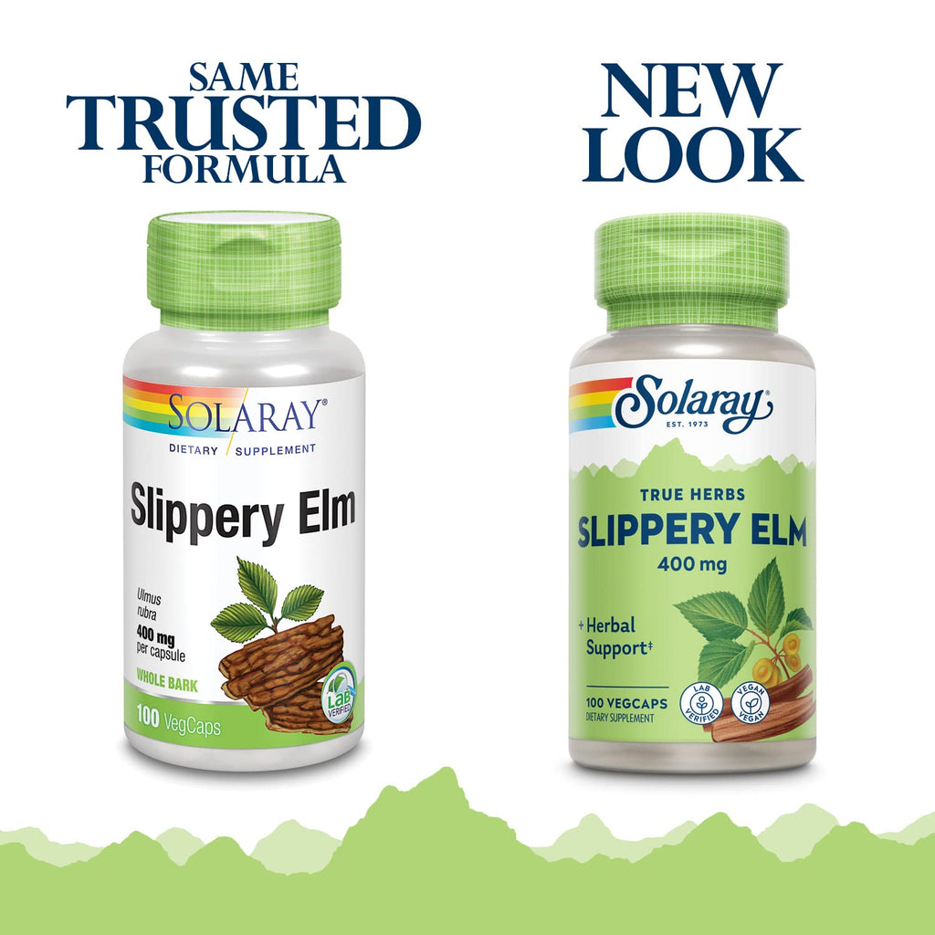 SOLARAY Slippery Elm Bark Capsules (Ulmus Rubra) 400 mg - Soothing Herbal Support with Mucilage - Vegan, Lab Verified - 100 Servings, 100 VegCaps