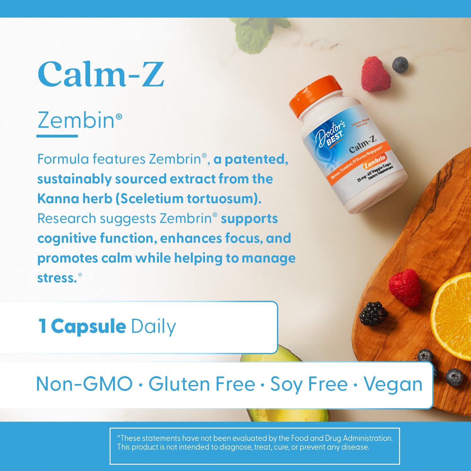 Doctor's Best Calm-Z for Men & Women - Zembrin (Sceletium Tortuosum) Extract Supplement, Calm & Focus Support, Helps Reduce Stress, 25 mg Capsules, Sourced from Kanna Herb, Gluten Free - 60 Veg Caps