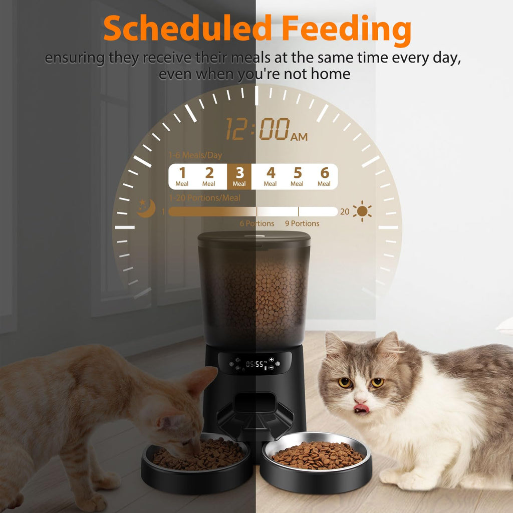 Automatic Cat Feeders for Two Cats, 5L/20 Cups Double Automatic Cat Food Dispenser with 2 Stainless Bowls, Timer Setting 20 Portions 6 Meals Per Day, 10s Meal Call (Black)