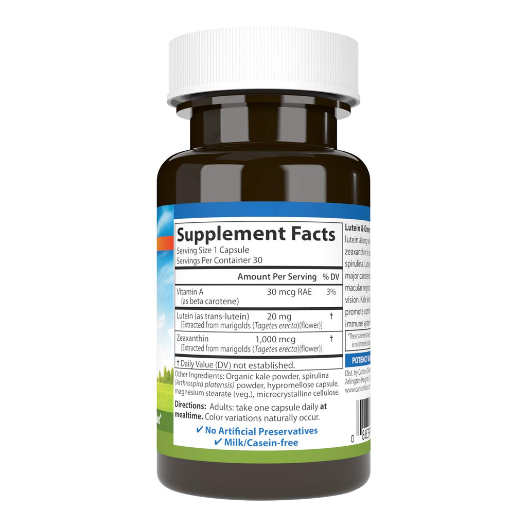 Carlson Lutein & Greens, 20 mg, Vision Support, 30 Vegetarian Capsules