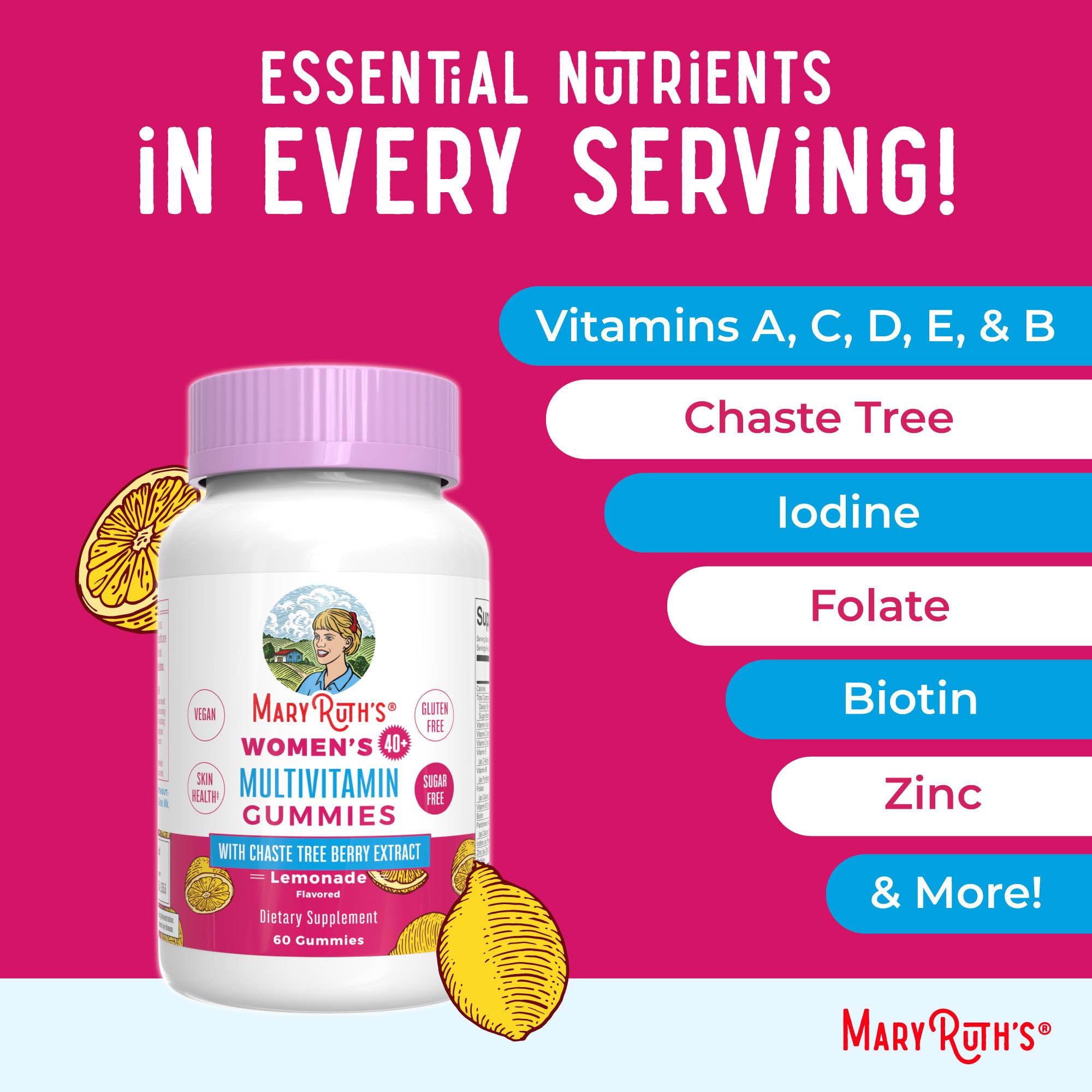 MaryRuth's Multivitamin for Women 40+ | Sugar Free | Vegan Womens Vitamins | Immune Support | Daily Women's Multivitamin + Chasteberry | Hair, Skin and Nail Gummy Vitamins for Women | 60 Count