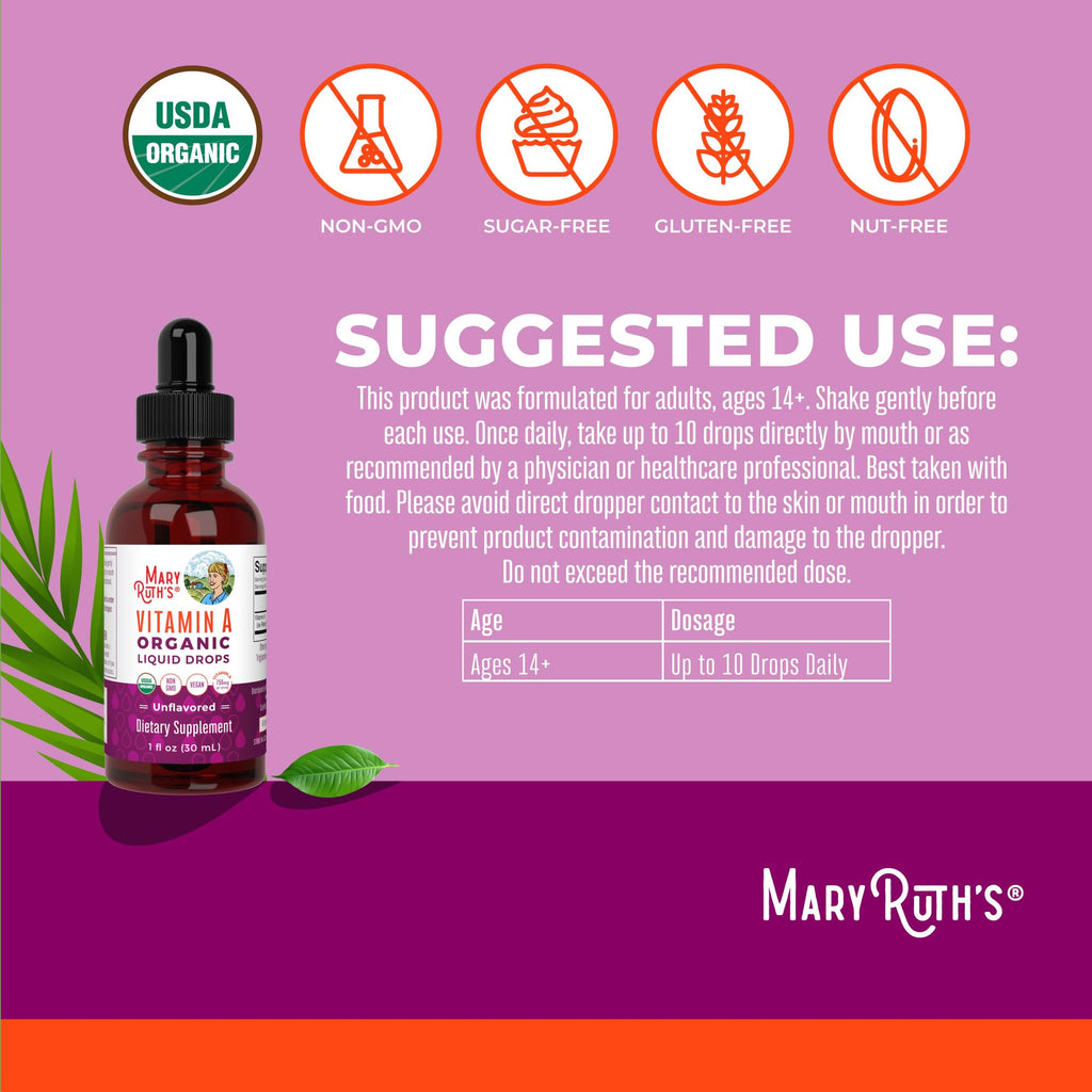 MARYRUTH'S Organics USDA Organic Vitamin A Liquid Drops, 1 oz, Sugar Free