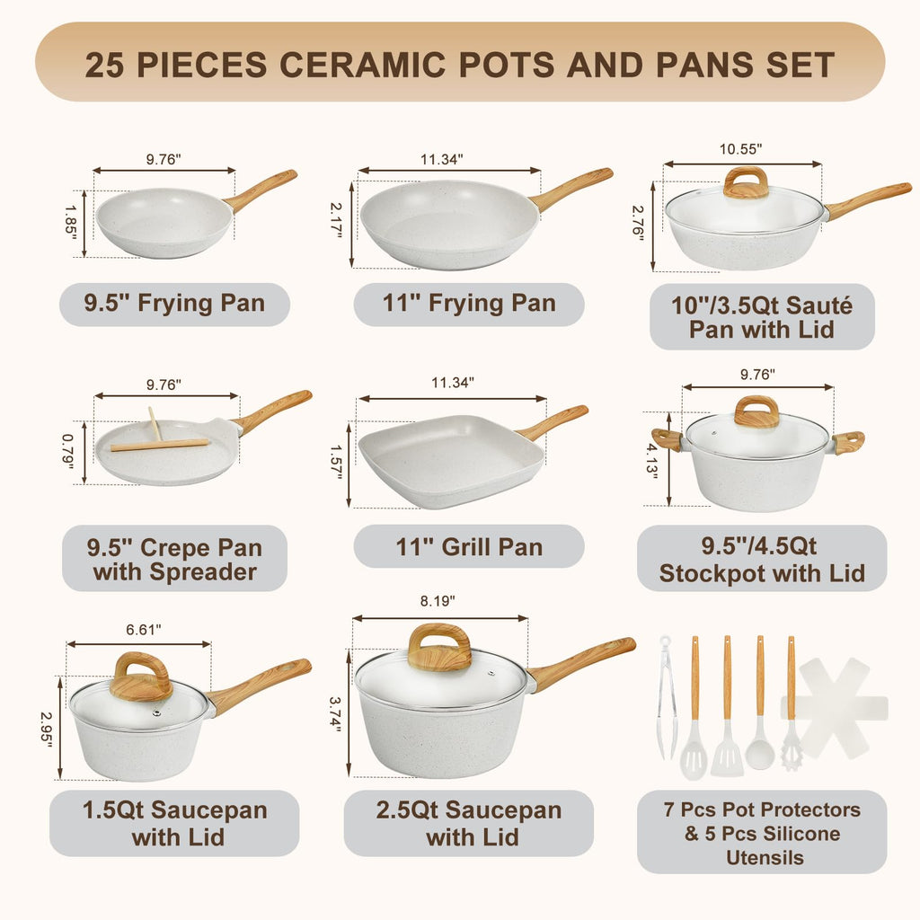 EWFEN 25 Pcs Pots and Pans Set, Nonstick Ceramic Cookware Sets, Healthy Non-Toxic, Large Capacity, Induction Compatible, Cooking Set with Frying Pans & Saucepans, PFAS/PTFE/PFOA Free, Cream White