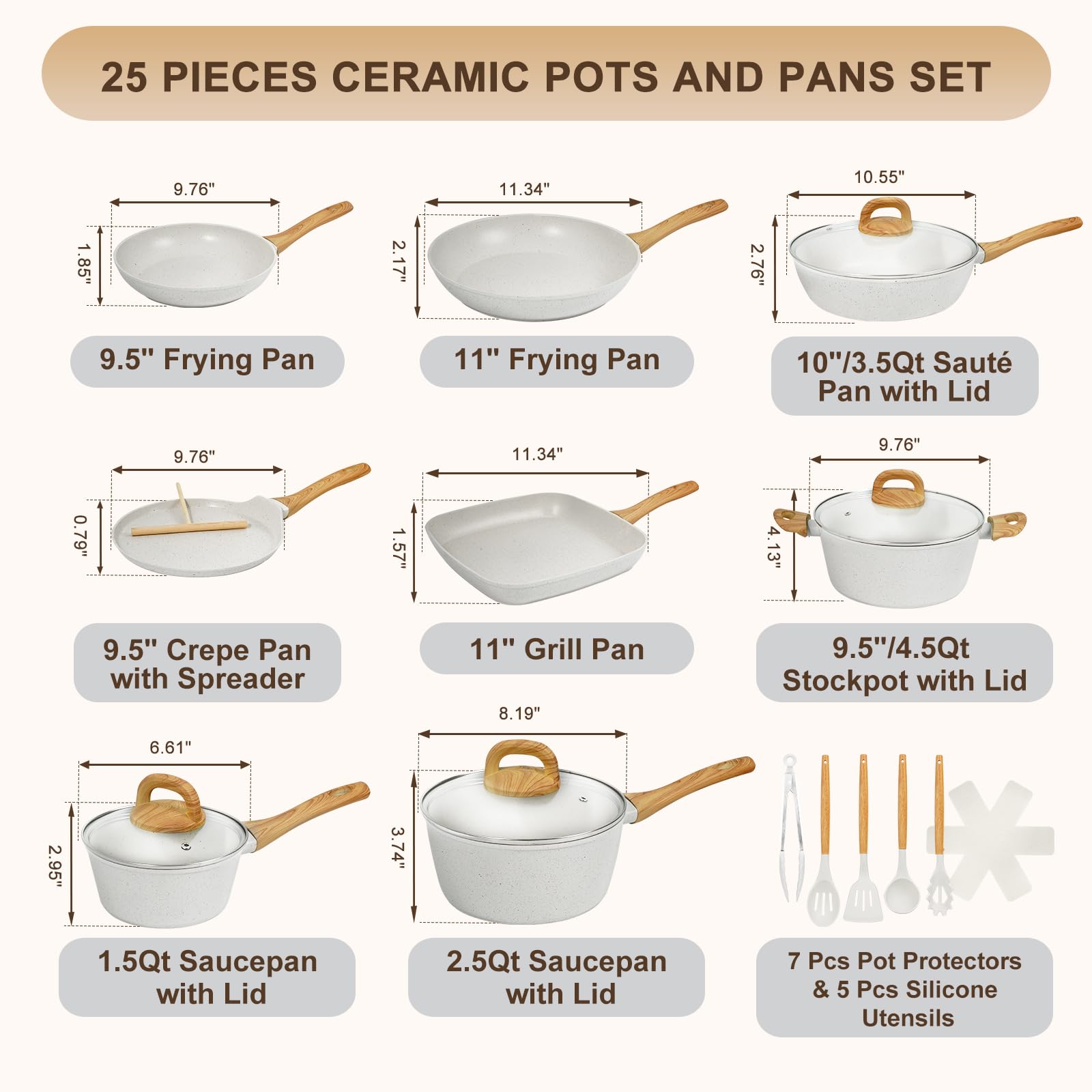 EWFEN 25 Pcs Pots and Pans Set, Nonstick Ceramic Cookware Sets, Healthy Non-Toxic, Large Capacity, Induction Compatible, Cooking Set with Frying Pans & Saucepans, PFAS/PTFE/PFOA Free, Cream White