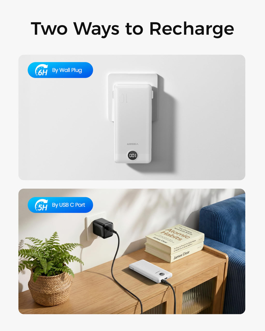 VEGER Portable Charger for iPhone, Power Bank Built in Cables and Wall Plug