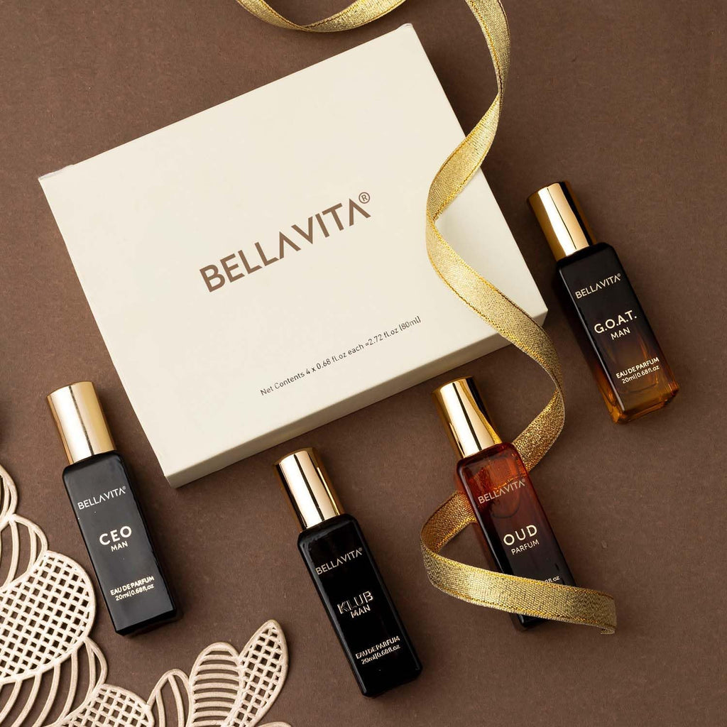 Bella Vita Organic Man Luxury Perfume Gift Set 4x20 ML for Men with Dominus, Oud, CEO, Impact Perfume|Woody, Citrusy Long Lasting EDP & EDC Fragrance Scent |80 ML