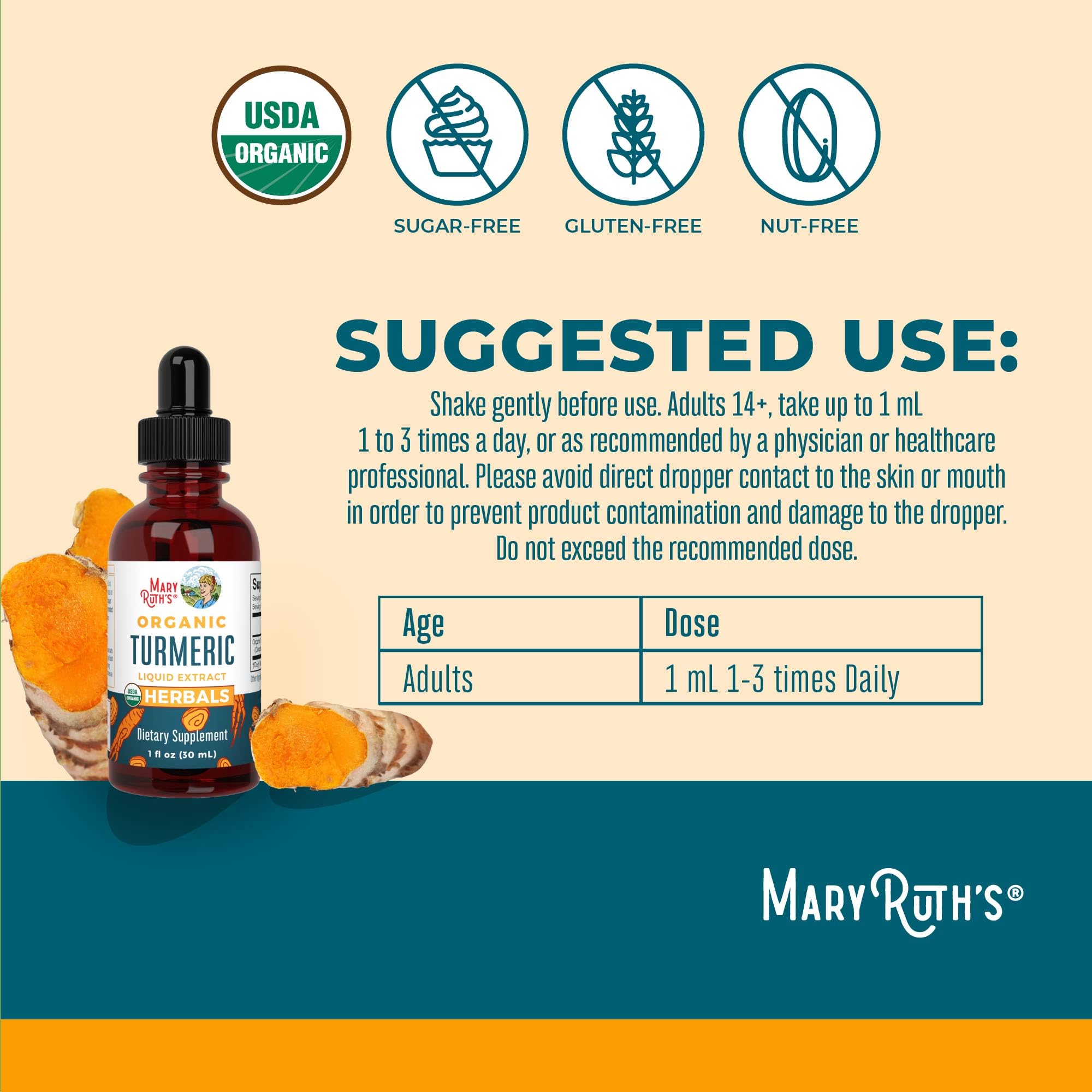 MARYRUTH'S Organic Turmeric Root Liquid Extract, Sugar Free, 1 Fl Oz
