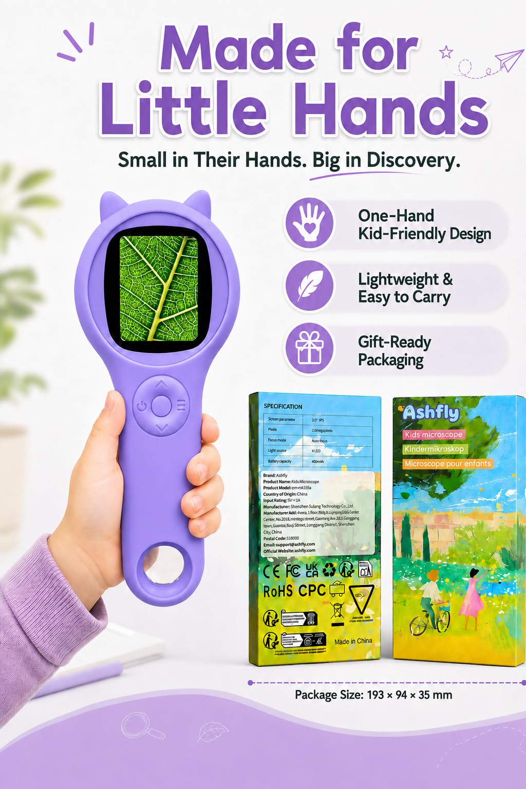 Ashfly Kids Microscope, 500X Digital Magnifying Glass, STEM Toy, Purple