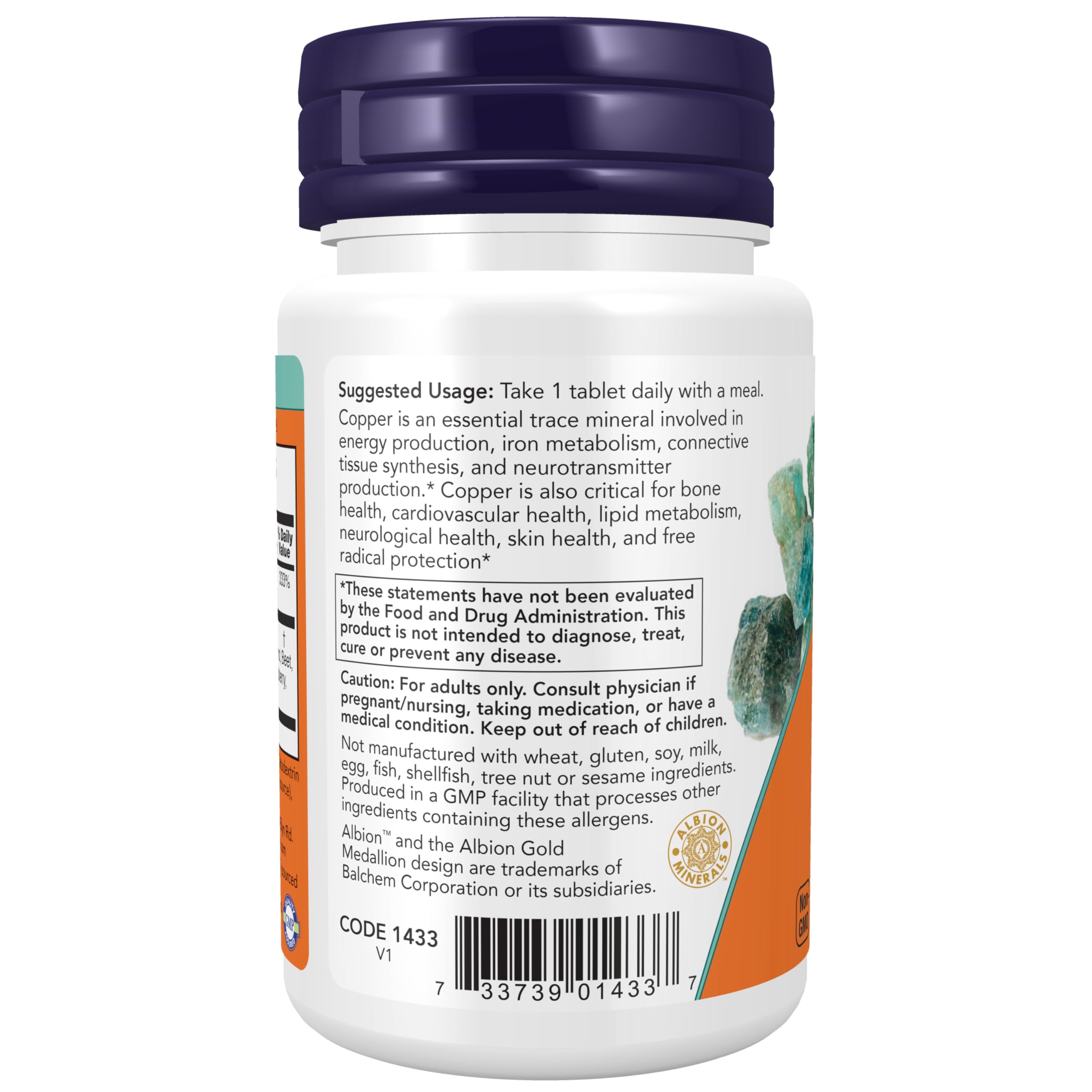 Now Foods Supplements, Copper Glycinate with 3mg Albion Copper, Promotes Structural Health*, 120 Tablets, Light Gray, Tan