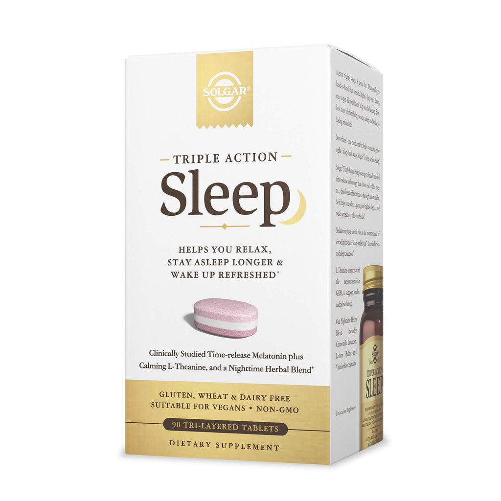 Solgar Triple Action Sleep, 90 Tri-Layer Tablets - Time-Release Melatonin & L-Theanine Plus Herbal Blend - Helps You Relax, Fall Asleep Fast & Stay Asleep Longer - Non-GMO, Gluten Free - 90 Servings