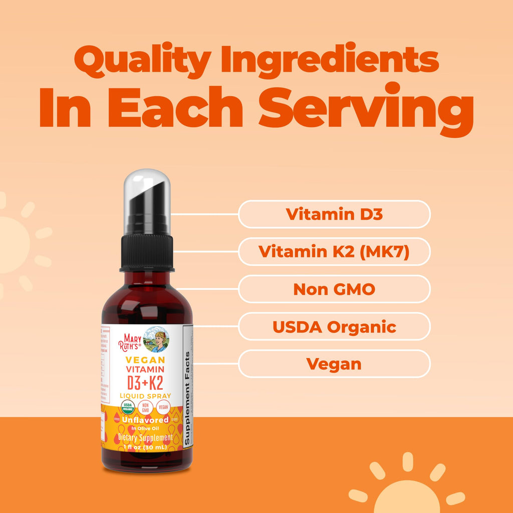 MaryRuth's Vitamin D3 + K2 Spray for Adults & Kids for Bone Health, 1 Fl Oz