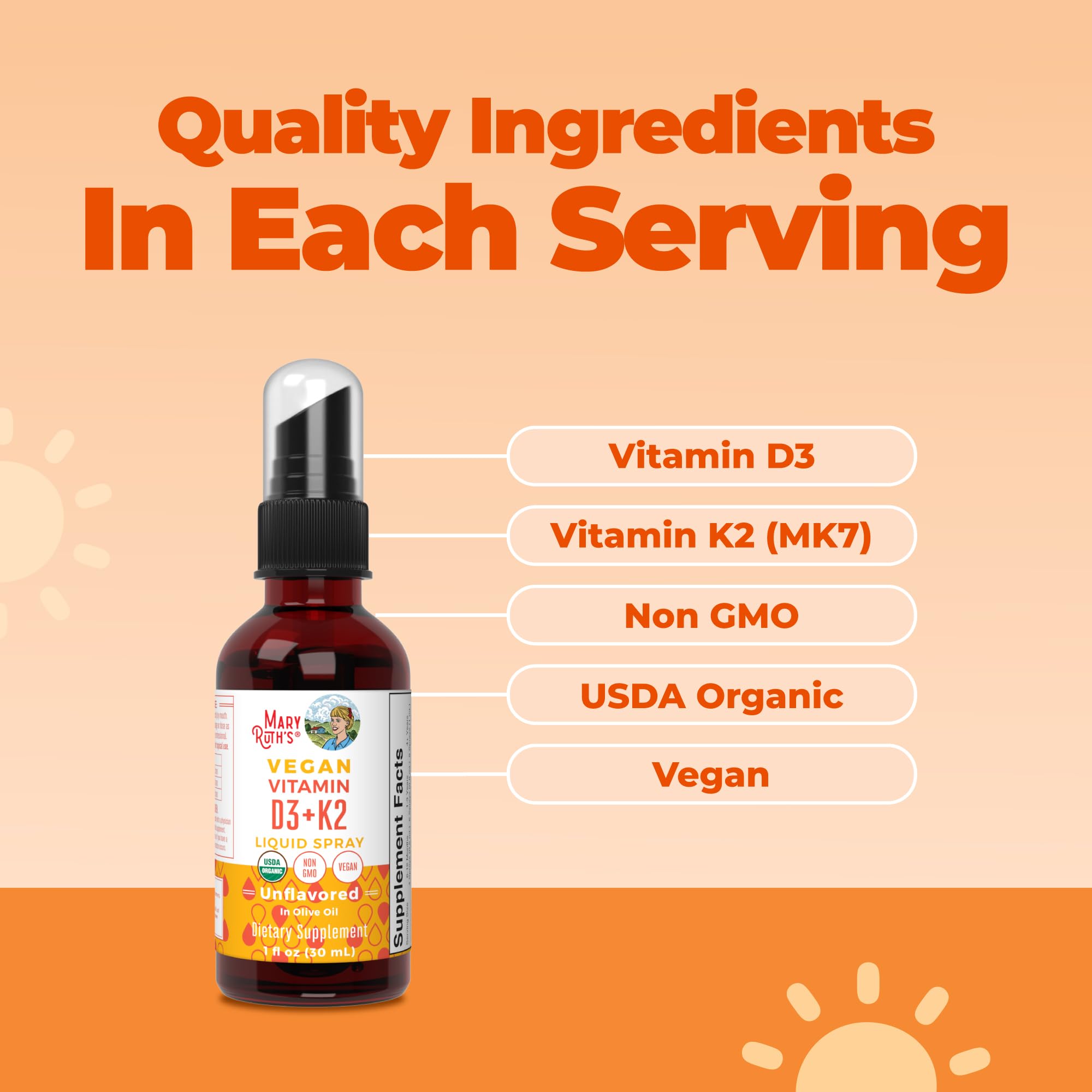 MaryRuth's Vitamin D3 + K2 Spray for Adults & Kids for Bone Health, 1 Fl Oz
